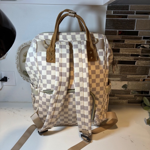 Checkered Diaper Bag/Laptop Backpack for Women Backpack Large Leather - Picture 4 of 11